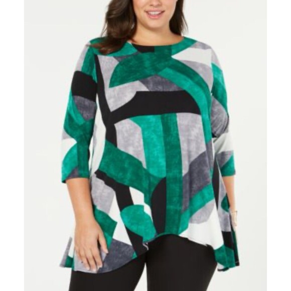 NWT Alfani Plus Size Printed Handkerchief Green Gray Black Stretch Blouse XXL - Picture 1 of 7